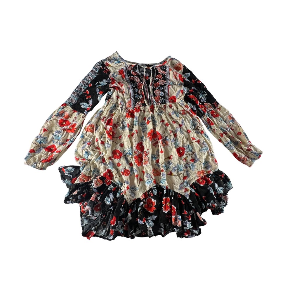 Patrons‎ of Peace Floral Print Boho Mini Dress XS Long Sleeve Ruffle Tiered